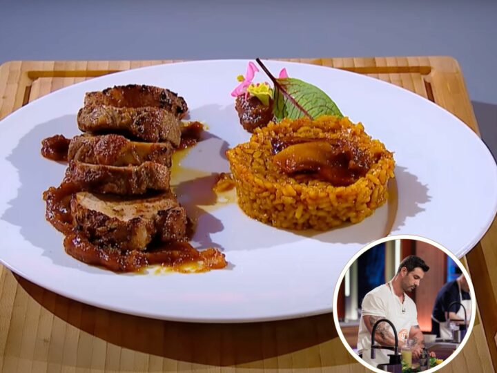 Rețeta lui Cosmin Răducu de la MasterChef. Mușchiuleț de porc cu orez cu șofran și sos de mere caramelizate