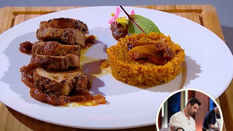 Rețeta lui Cosmin Răducu de la MasterChef. Mușchiuleț de porc cu orez cu șofran și sos de mere caramelizate