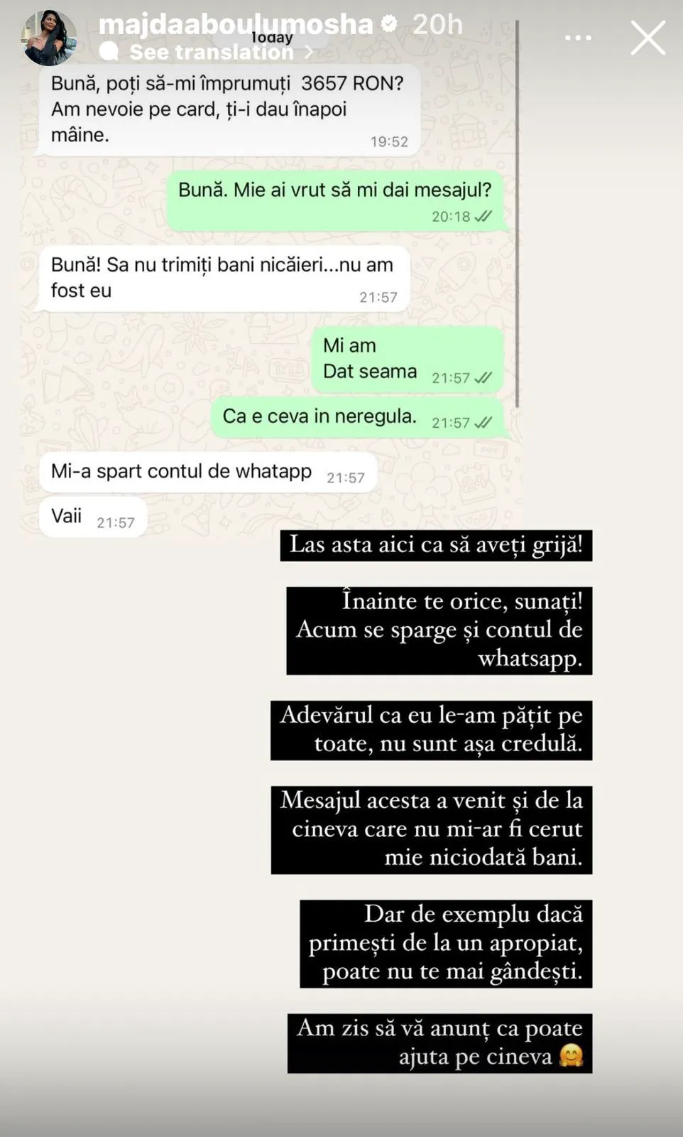 Actrița Majda Aboulumosha povestește cum era să rămână fără bani. Ultima țeapă practicată de escroci, chiar pe WhatsApp