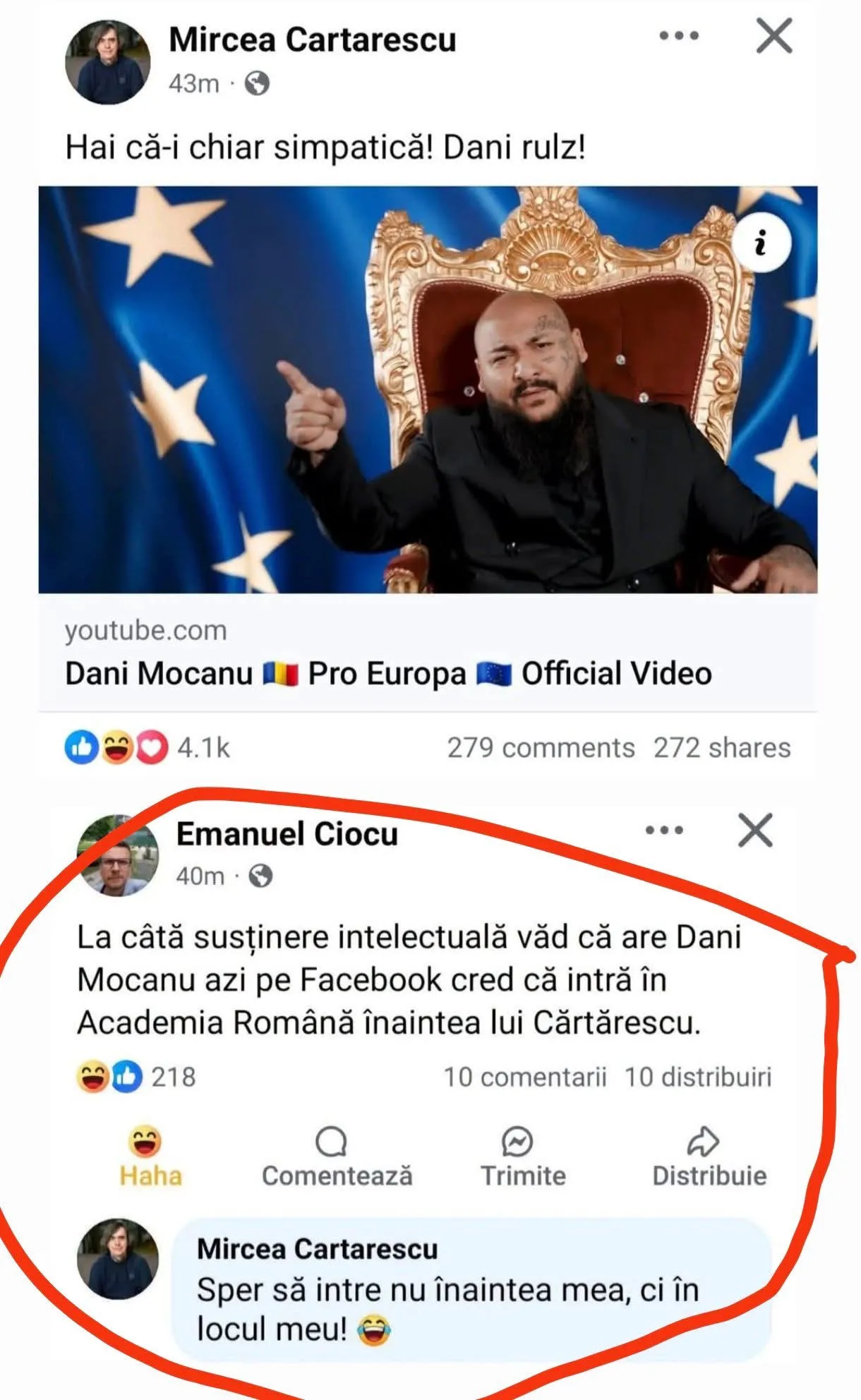 Manelistul Dani Mocanu, onorat că Mircea Cărtărescu îl ascultă și i-a validat munca. Scriitorul a avut o replică spumoasă