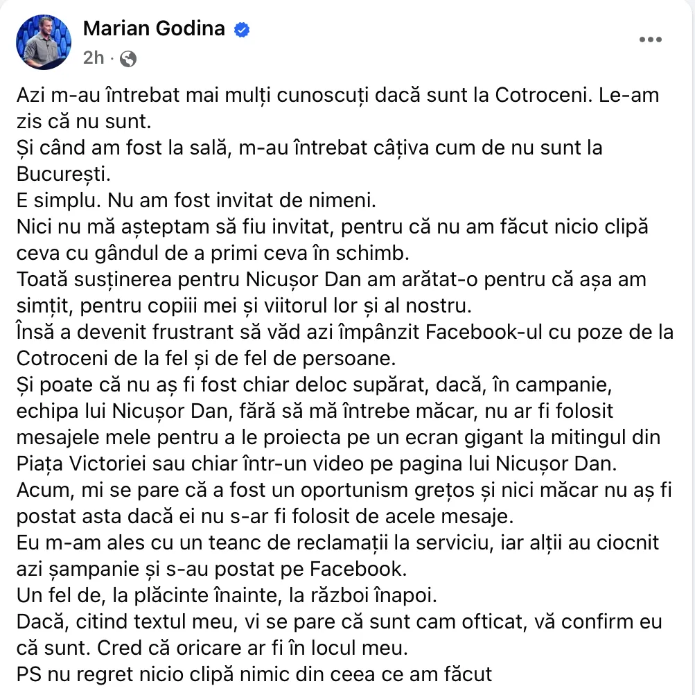 Marian Godină, ofticat că nu a fost invitat la Cotroceni, să-și facă și el o poză cu președintele Nicușor Dan. Mîndruță a păpat sarmale!