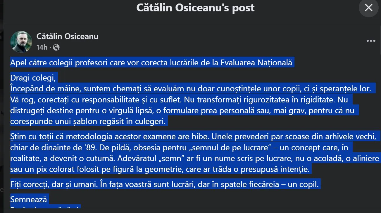 Evaluarea națională 2025. Mesaj pentru profesorii corectori: Fi-ti corecți, dar și umani! Manifestul unor dascăli