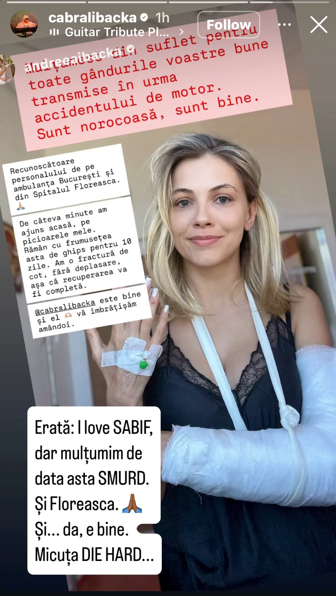 Soția lui Cabral, prima reacție după ce a suferit un accident de motor și a fost dusă la spital: „Sunt norocoasă”. Foto