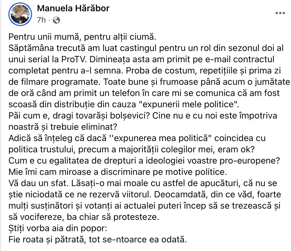 Actrița Manuela Hărăbor acuză Pro TV de discriminare pe bază de „expunere politică”. Spune că a fost eliminată dintr-un serial 
