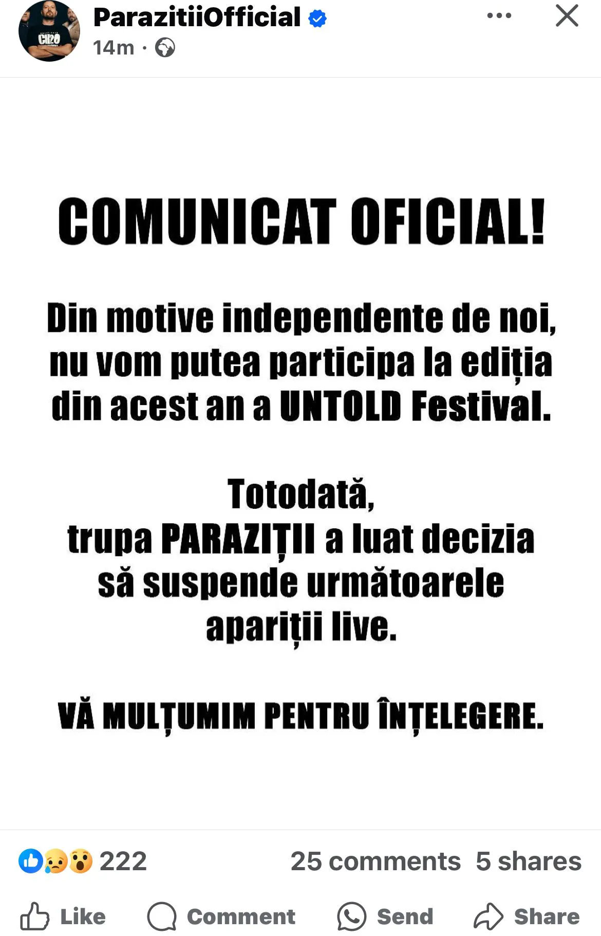 Anunț dramatic despre Cheloo. Toată lumea e în șoc: „Trupa Paraziții a luat decizia…"