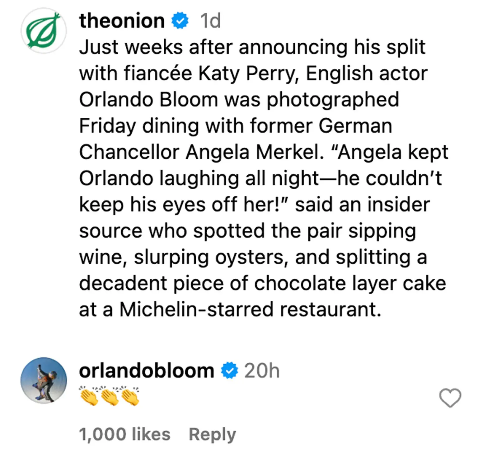 Orlando Bloom, ironii la adresa relației dintre Katy Perry și Justin Trudeau. S-a spus că a fost, „fotografiat în timp ce lua cina cu Angela Merkel”