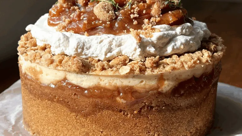 Tartă de piersici cu frișcă și crumble. Merită un premiu cât e de bună