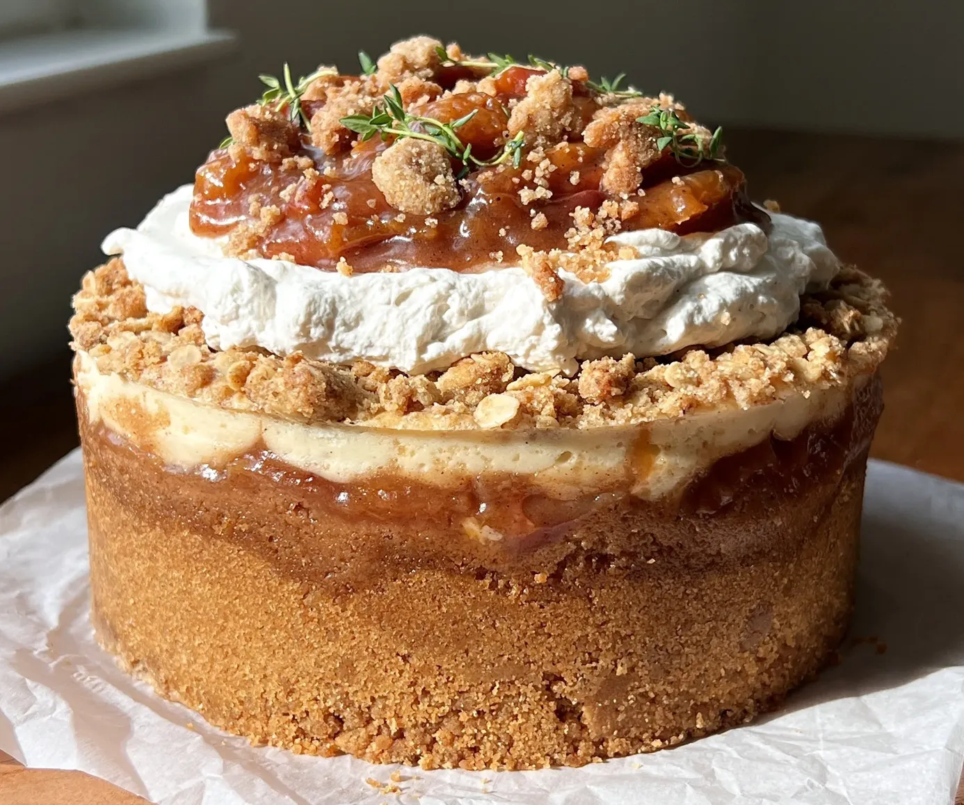 Tartă de piersici cu frișcă și crumble. Merită un premiu cât e de bună