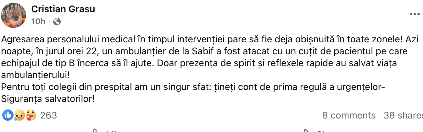 Incident grav într-o ambulanță Sabif. Pacientul a atacat echipajul medical