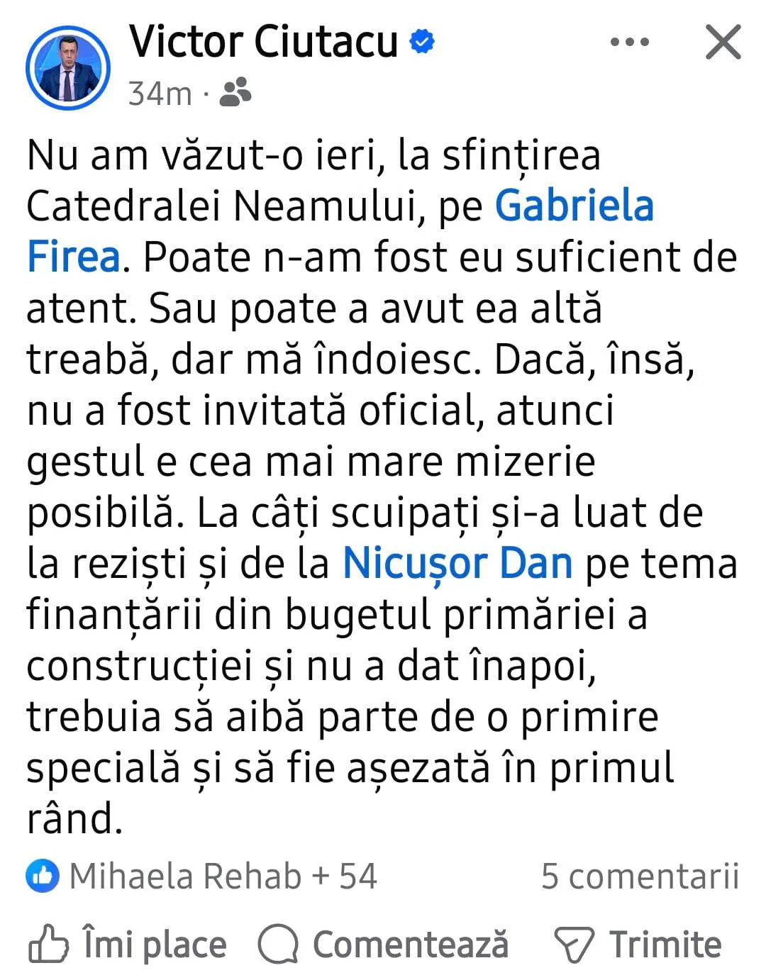 Victor Ciutacu, nemulțumit după inaugurarea Catedralei Mântuirii Neamului: „Gestul e cea mai mare mizerie posibilă”