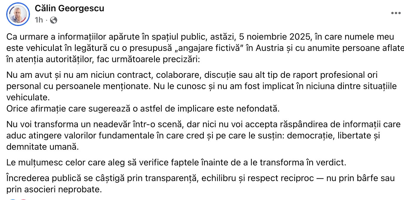Călin Georgescu dă explicații despre angajarea fictivă din Austria: „Încrederea publică se câștigă prin transparență”