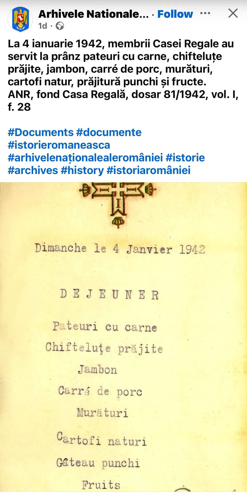 Ce mânca familia regală a României în plin război. Meniul de prânz din 4 ianuarie 1942, scos din arhive