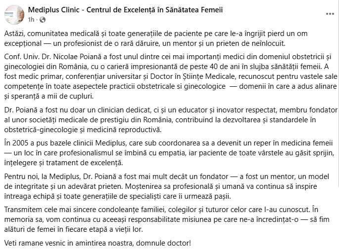 A murit dr. Nicolae Poiană, somitate în domeniul fertilizării in vitro. A asistat la peste 10.000 de nașteri 