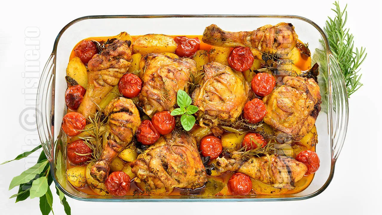 Varză la cuptor cu cartofi și copănele de pui aromate