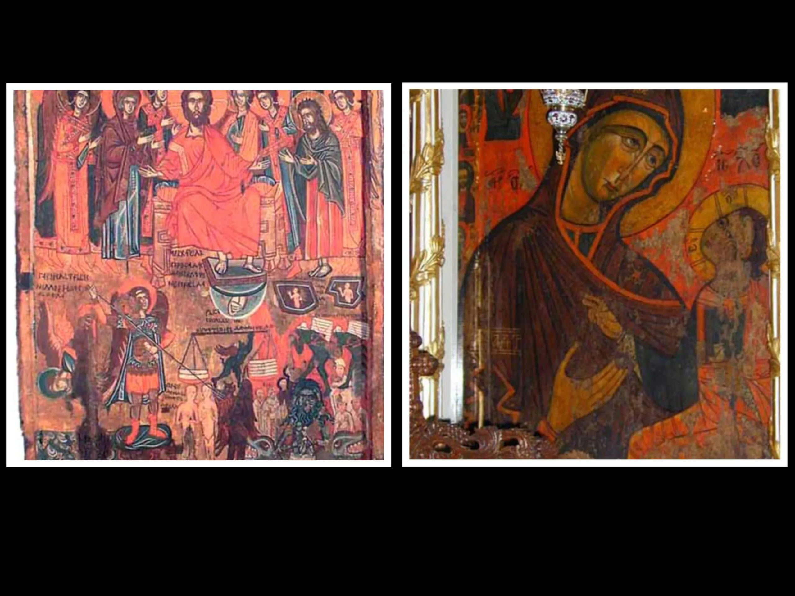 Icoana cu două fețe, comoara Mănăstirii Dintr-un Lemn. Se află într-o vitrină proiectată de aceiași specialiști care au creat sisteme similare pentru Mona Lisa de la Louvre