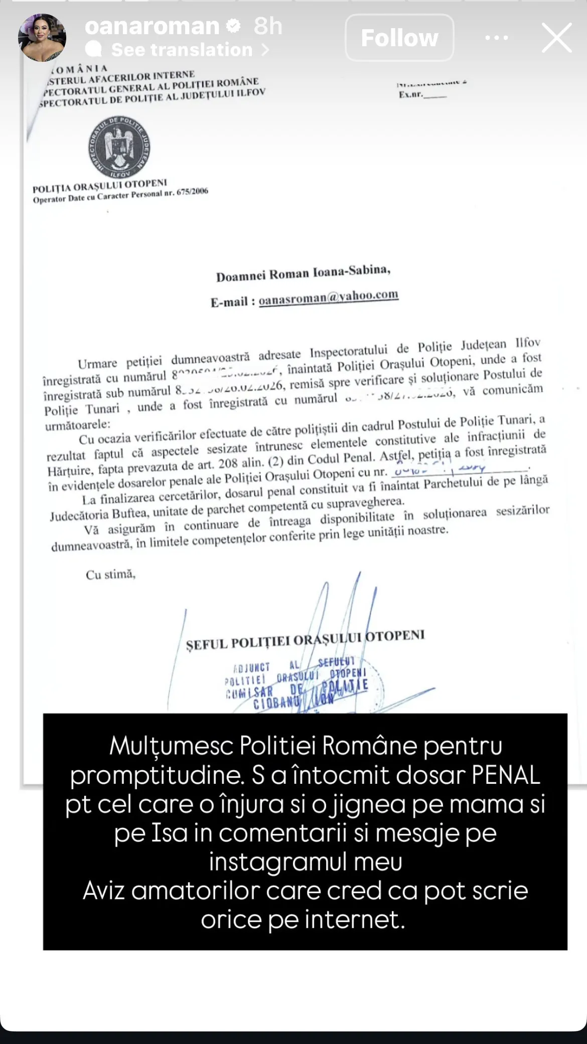 Oana Roman vine cu vești despre hărțuitorul împotriva căruia a depus plângere. Ce a spus Poliția