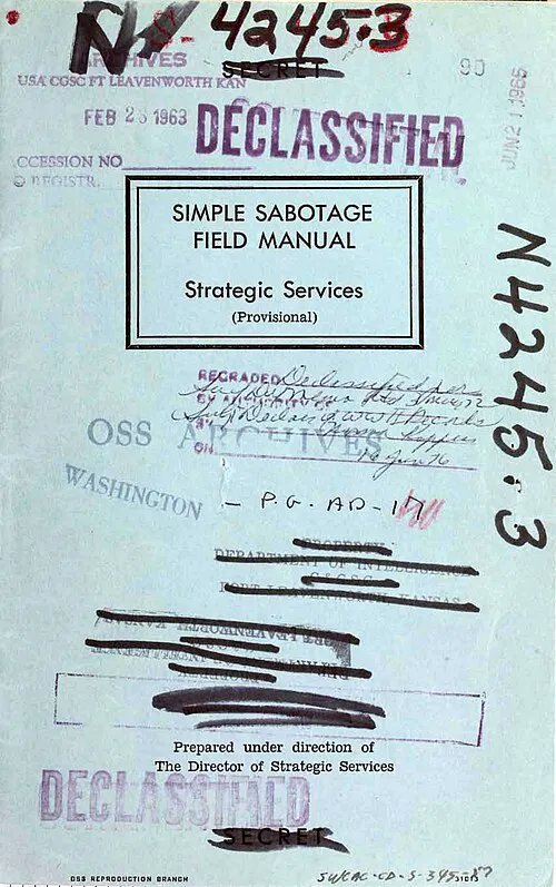 Document oficial CIA - Coperta documentului ,,Simple Sabotage Field Manual"