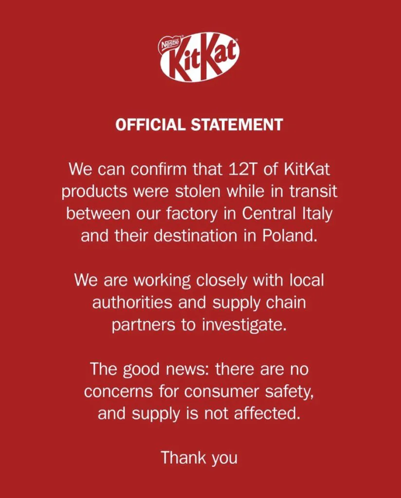 Anunțul Nestle după ce s-au furat 12 tone de ciocolate KitKat. Este o veste bună