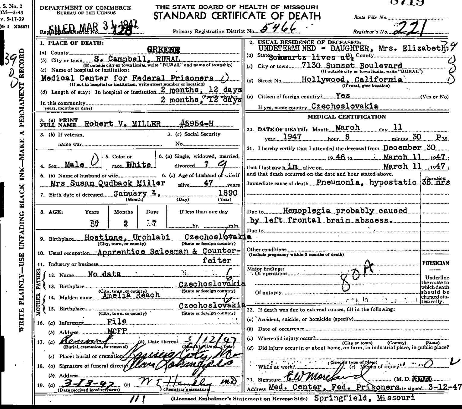 Certificatul de deces al lui Lustig, emis sub numele „Robert V. Miller”, unul dintre pseudonimele sale. (foto: Wikipedia)