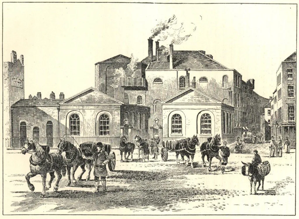 Horse Shoe Brewery în jurul anului 1800, o fabrică mare din cărămidă, cu mai multe niveluri și coșuri înalte, situată într-o zonă aglomerată a Londrei. (foto: Wikipedia)