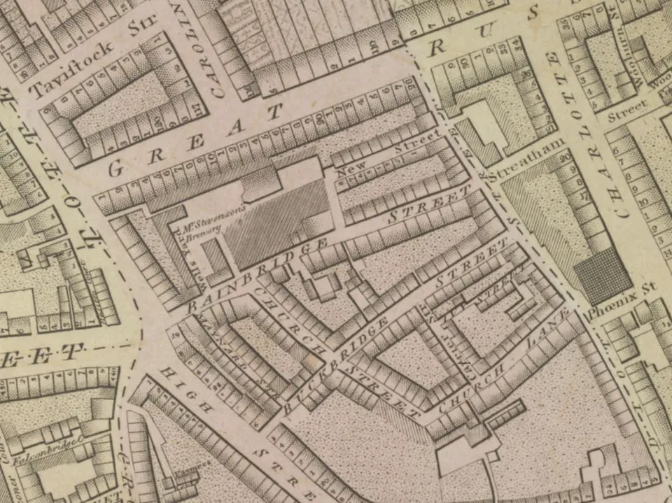 Harta centrului Londrei arată locul unde s-a produs inundația de bere, la Horse Shoe Brewery, situată la intersecția dintre Tottenham Court Road și Oxford Street, într-o zonă dens populată. (foto: Wikipedia)