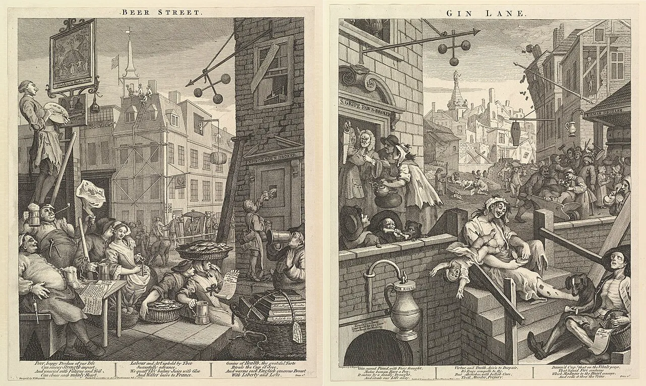 Ilustrațiile „Beer Street” și „Gin Lane”, realizate de William Hogarth în 1751 (reeditate ulterior, inclusiv în 1759), contrastează două lumi opuse: prima prezintă o societate prosperă și ordonată, asociată consumului moderat de bere, în timp ce a doua înfățișează haosul, sărăcia și degradarea provocate de consumul excesiv de gin. (foto: Wikipedia)