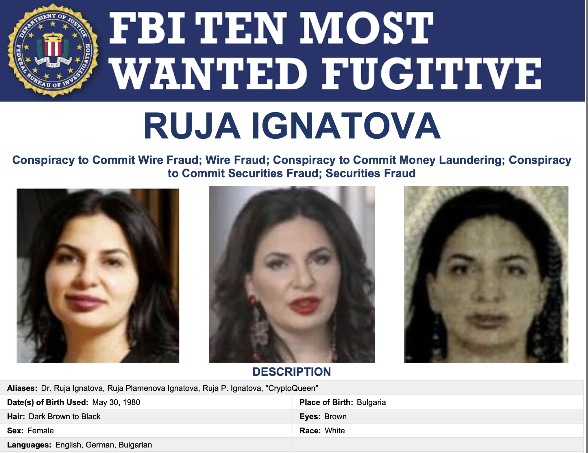 Afișul de urmărire al Rujei Ignatova. (foto: FBI.gov)