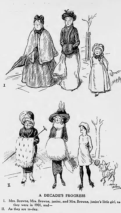 O caricatură din revista Punch (1911) compară schimbările de modă dintre 1901 și 1911. Ținutele voluminoase și sobre ale perioadei mai vechi, care o făceau pe bunică să pară o femeie bătrână, iar pe mamă una simplă, au fost înlocuite de haine mult mai simple și mai lejere, care oferă un sentiment de libertate și relaxare pentru toate cele trei femei. (foto: Wikipedia)