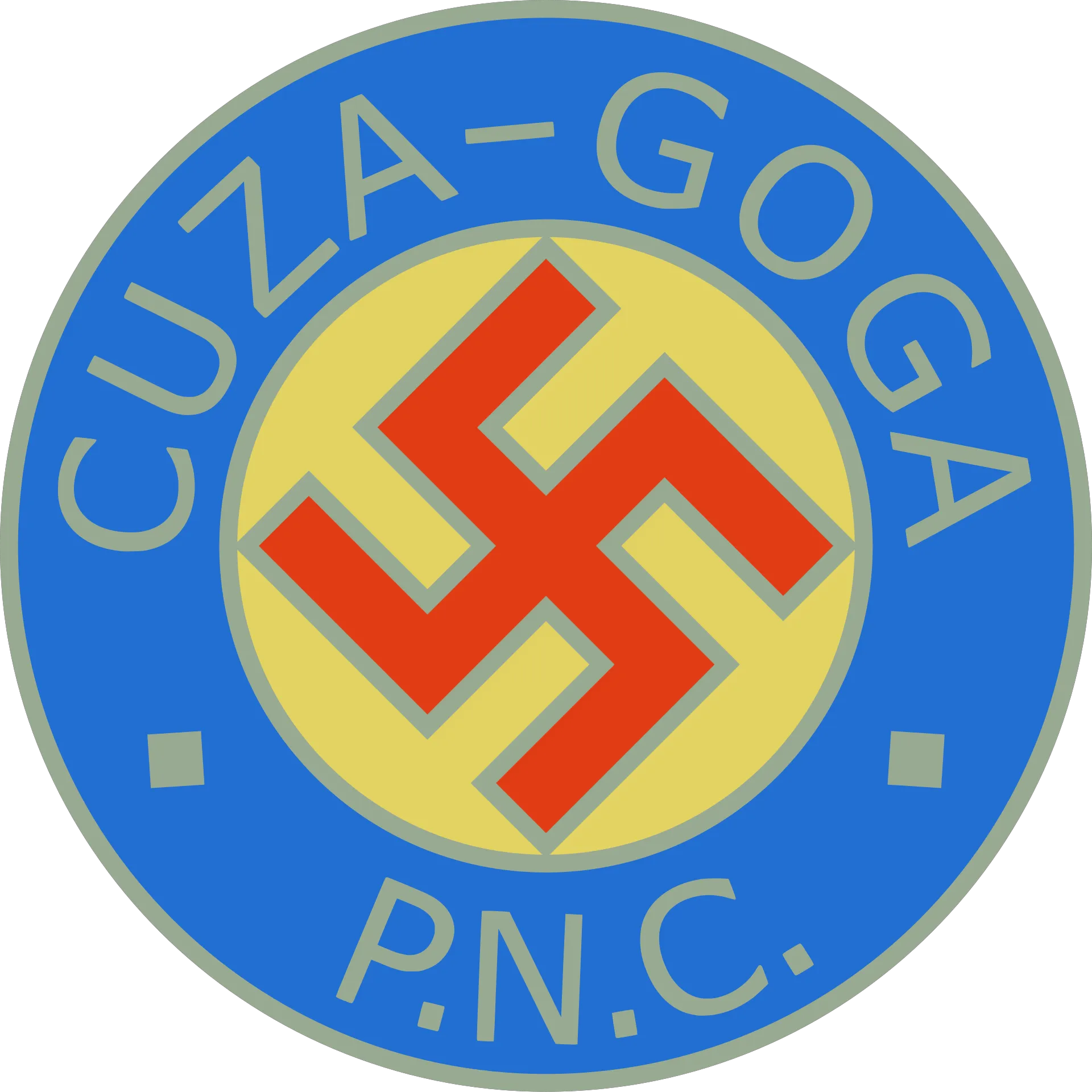 Logo-ul fostului Partid Național Creștin din România, realizat în culorile drapelului național. Emblema include un simbol controversat , o svastică roșie, plasată pe un fundal format din cercuri galbene și albastre. Alături apar inițialele formațiunii și numele liderilor săi, A. C. Cuza și Octavian Goga, așa cum erau reprezentate pe obiecte și materiale de propagandă din perioada interbelică. (foto: Wikipedia)