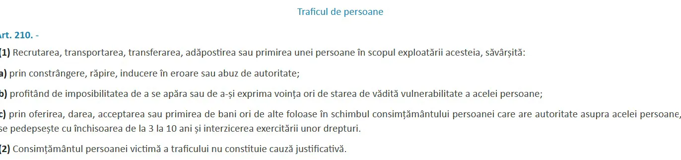 Articolul din Codul penal pentru Trafic de persoane, infracțiune de care e acuzat Viorel Pașca