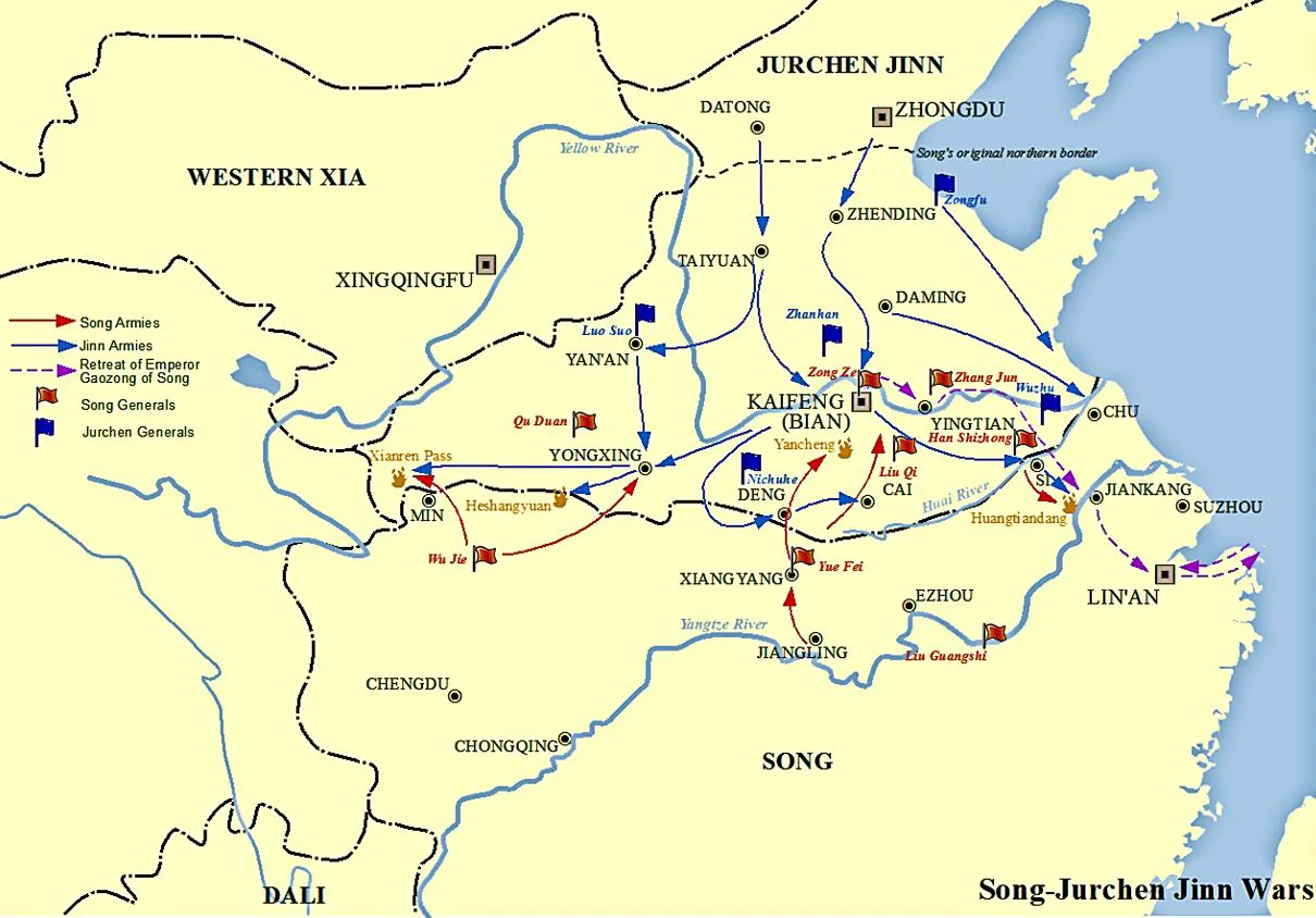 Hartă a războaielor dintre dinastia Song și jurchenii Jin, cu traseele expedițiilor lui Yue Fei spre nord. (foto: Wikipedia)