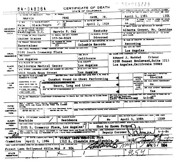 Certificatul de deces al lui Marvin Gaye (foto: Wikipedia)
