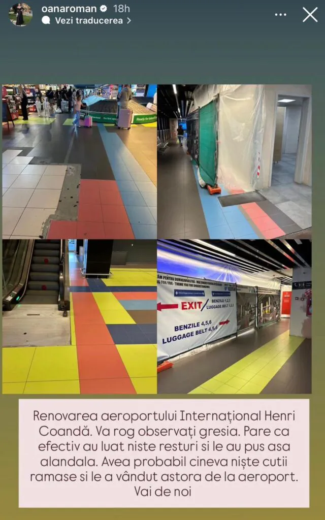 Oana Roman, reacție după ce a văzut pardoseala din Aeroportul Otopeni: „Pare că efectiv au luat niște resturi” 2 Oana Roman, reacție după ce a văzut pardoseala din Aeroportul Otopeni: „Pare că efectiv au luat niște resturi”